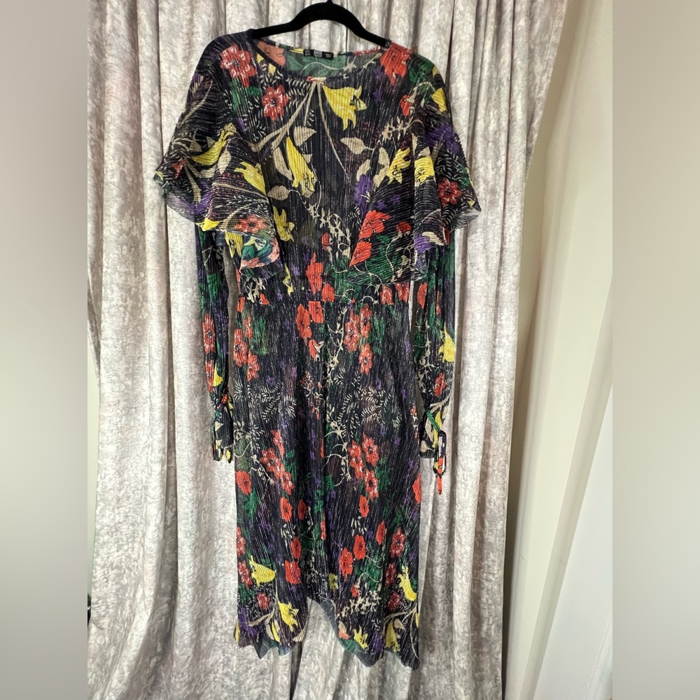Zara Sheer Floral Metallic Long Sleeve Dress Size Medium